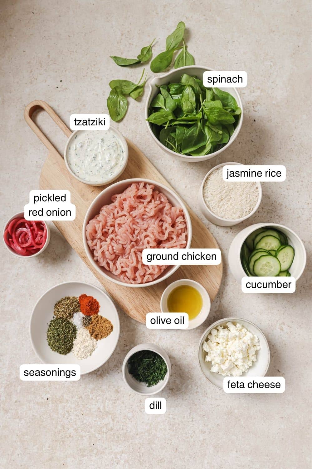 Labeled ingredients for chicken rice bowl.