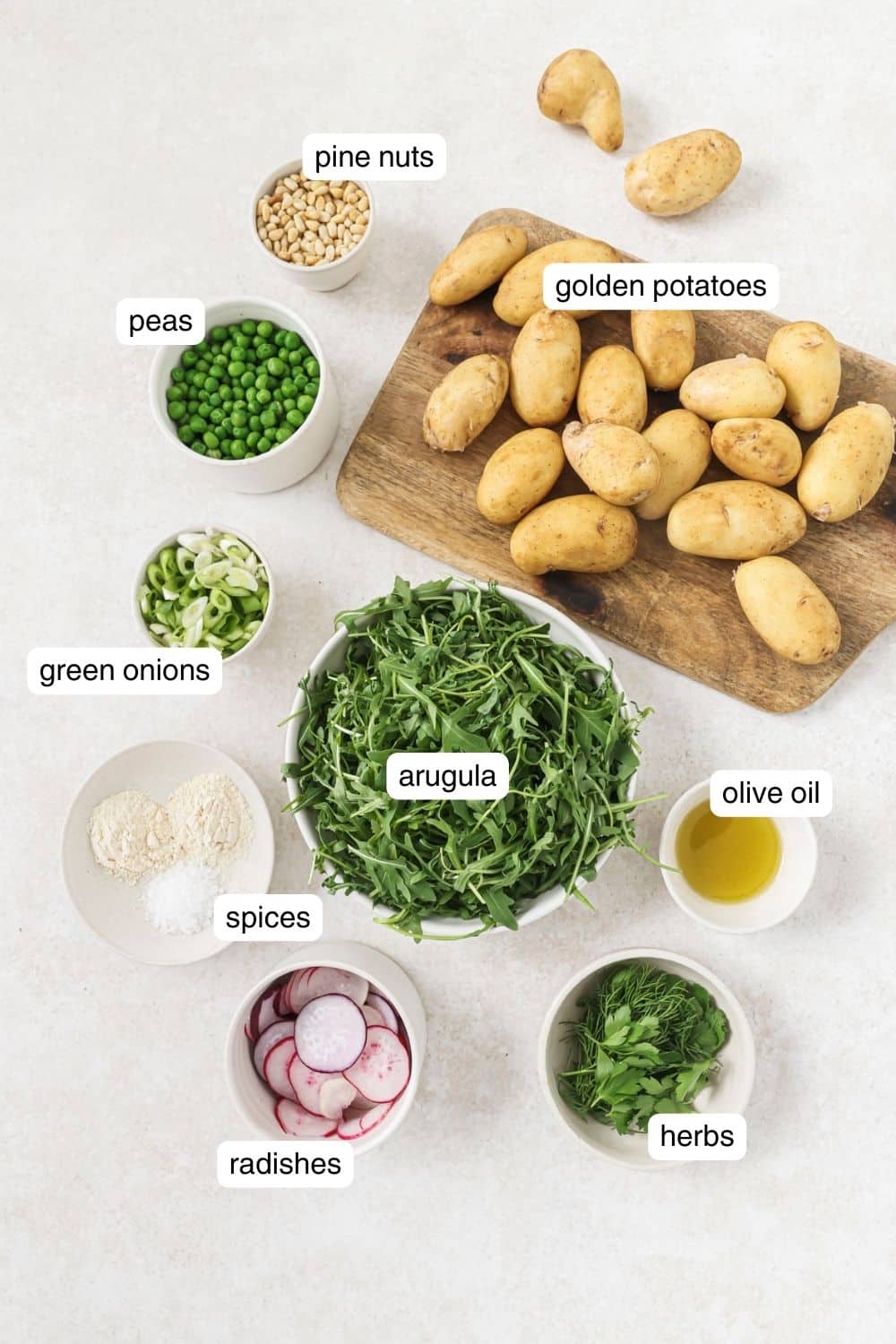 Labeled ingredients for roasted potato salad.