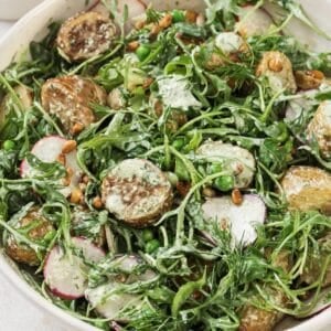 Close up of dressed warm potato salad.