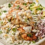 A fork picking up a bite of street corn chicken and rice.