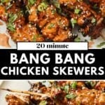 Bang bang chicken skewers on a white plate with green onions on top.