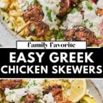 Two photos of greek chicken skewers on a white plate with lemon wedges.
