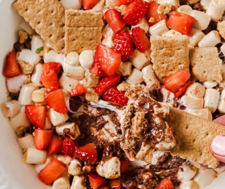 A graham cracker topped with s'mores dip. The bowl with the rest of the dip is behind it.