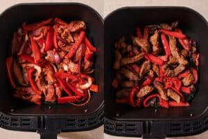 Two photos side by side of steak fajitas in the air fryer basket, before and after cooking.