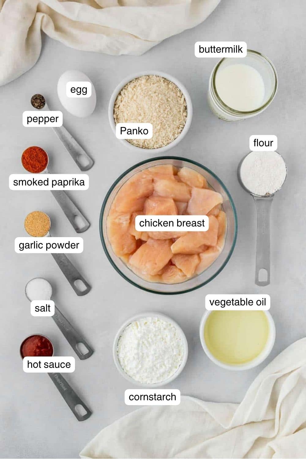 Labeled ingredients for bang bang chicken.