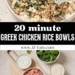 Two photos in a pinterest pin, one of the greek chicken rice bowl and one of the ingredients.