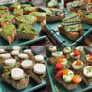 Four images showing the process of making tomato toast.