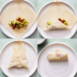 Demonstrated steps for how to roll an egg roll.