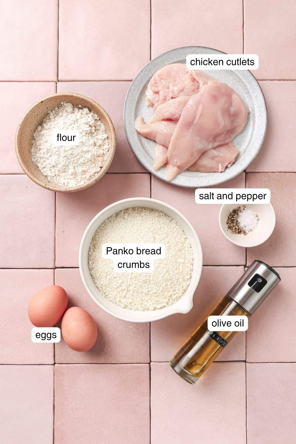 Labeled ingredients for air fryer chicken cutlets.