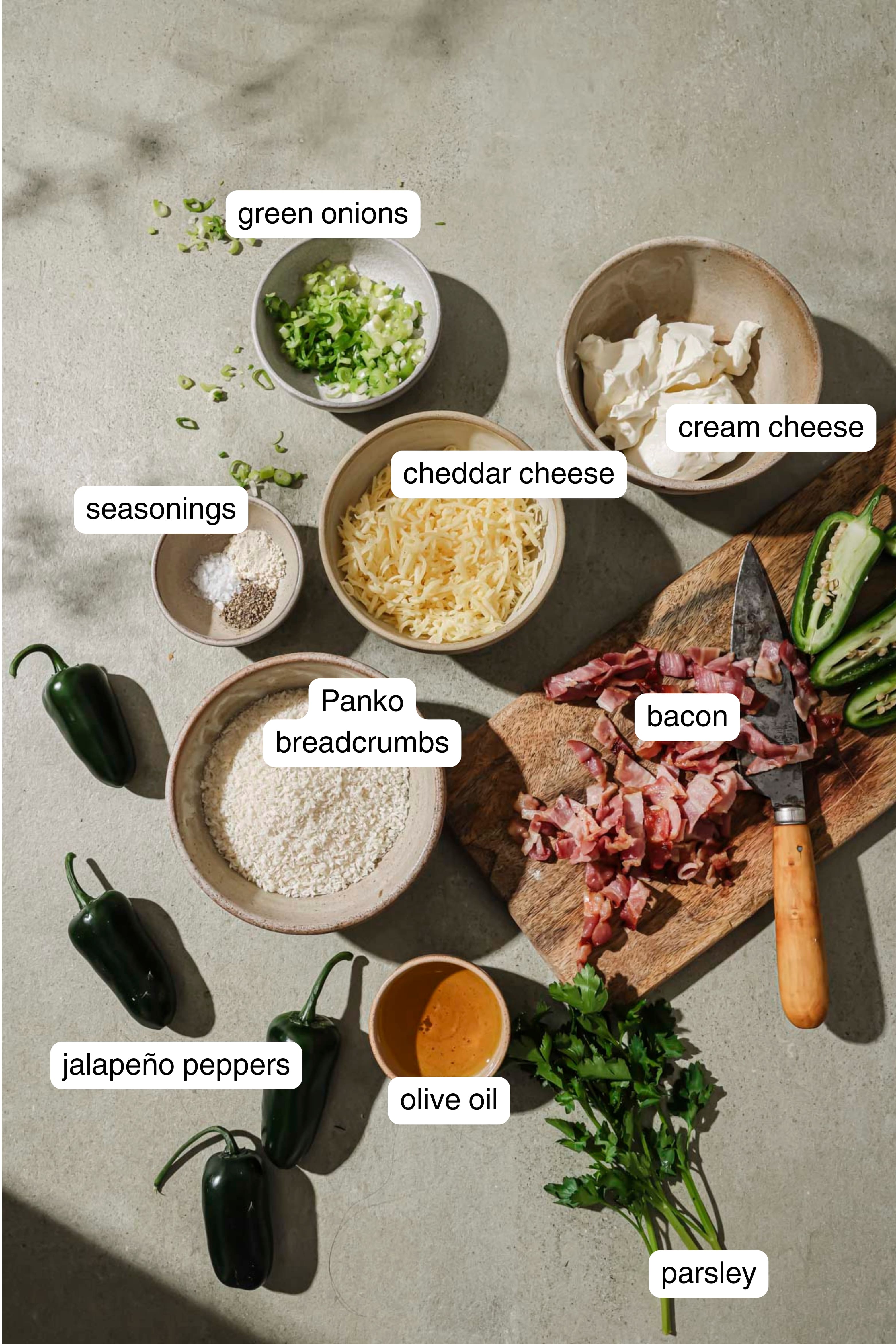 Labeled ingredients for air fryer jalapeño poppers.