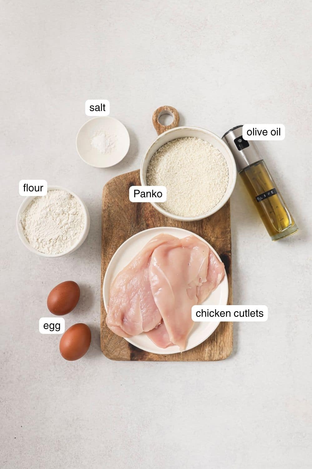 Labeled ingredients for baked chicken cutlets.