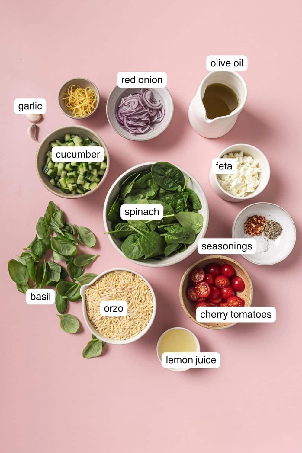 Labeled ingredients for orzo pasta salad.