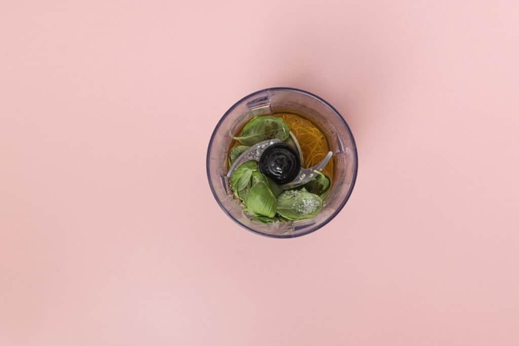 Dressing ingredients in a food processor.