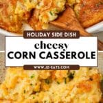 Close-up of a golden, cheesy baked corn casserole served with a wooden spoon and sprinkled with fresh chives.