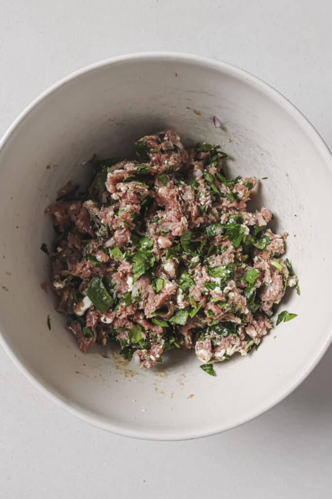 Turkey burger mixture in a white bowl.
