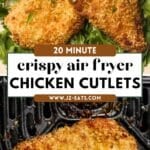 Two photos of air fryer chicken cutlets. One in the air fryer basket and the other over arugula.
