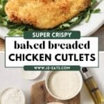 A photo of two baked chicken cutlets on a plate and a photo of the ingredients in small bowls.