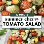 Two photos of cherry tomato salad in a pinterest pin.