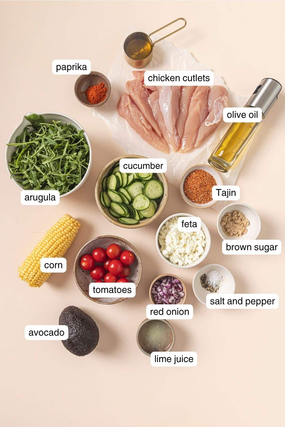 Labeled ingredients for tajin chicken.