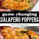 Air fryer jalapeno poppers on a wood serving board.