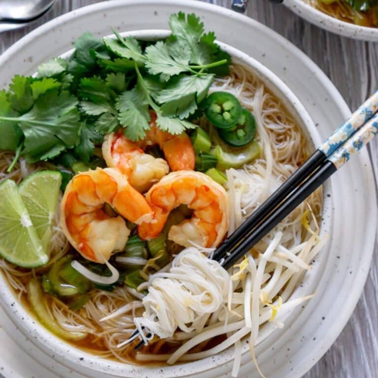 Shrimp pho in a bowl.