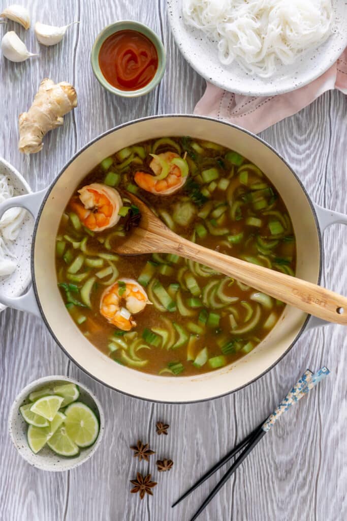 Shrimp pho in a pot.