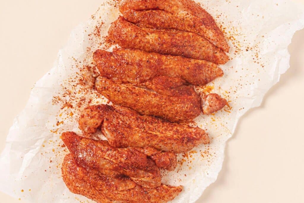 Seasoning chicken cutlets with tajin.