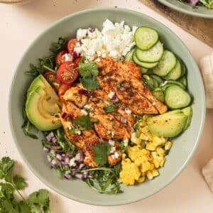 A bowl of grilled tajin chicken salad.