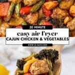 Two photos of cajun chicken and vegetables.