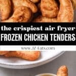 A bowl of air fryer chicken tenders and one tender dipped in honey mustard.