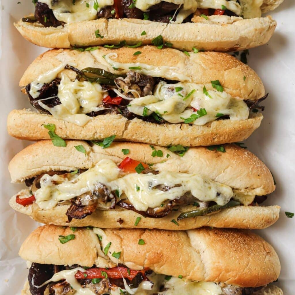 Fully assembled air fryer cheesesteaks.