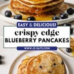 Blueberry banana pancakes stacked on a white plate.