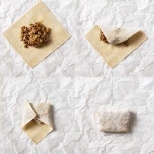 4-picture collage illustrating how to roll an egg roll.