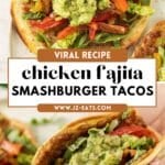 Viral dinner recipe chicken fajita smashburger tacos on a white plate.