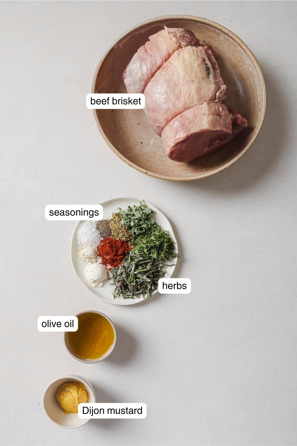 Labeled ingredients for air fryer brisket.