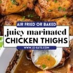Marinated chicken thighs in a pan with a spoon drizzling sauce on top.