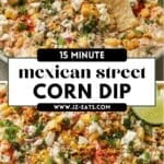 Overhead shot of Mexican street corn dip topped with charred corn, cilantro, red onion, and crumbled cotija cheese, served with lime wedges and a tortilla chip for dipping. A creamy, spicy 15-minute elote-style dip perfect for parties and summer appetizers.