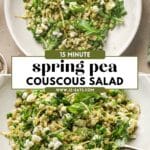 Pearl couscous with arugula and crumbled feta cheese in a white dish.