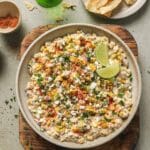 Street corn dip garnished with slices of lime.