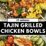 Tajin chicken with corn, cucumbers, feta cheese, and avocado in a bowl.