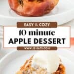 A golden baked apple topped with oats and vanilla ice cream, fresh from the air fryer.