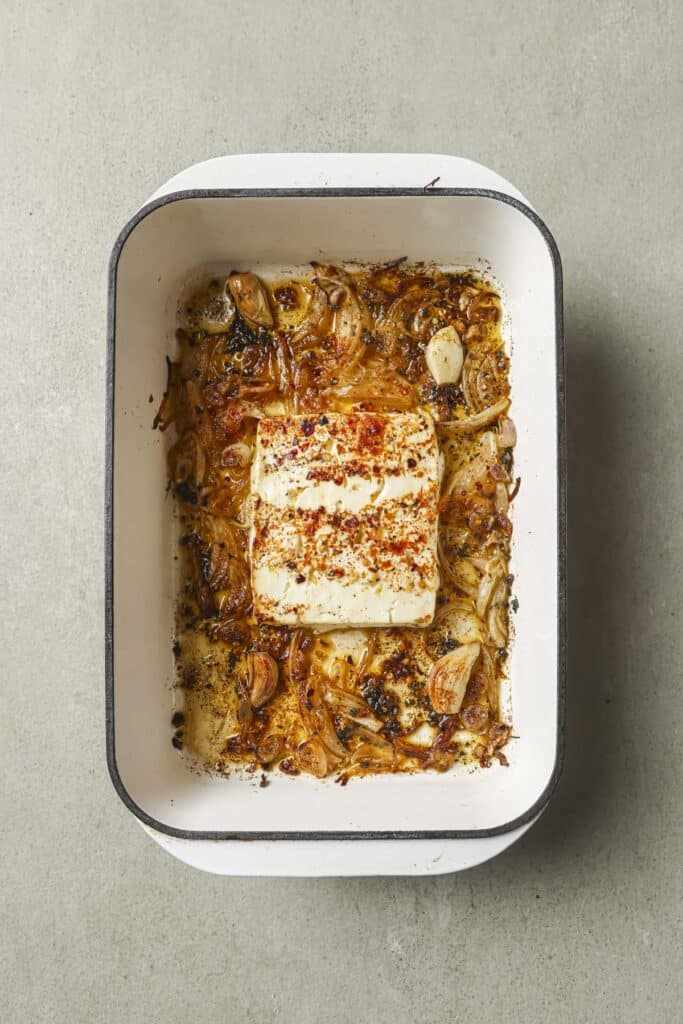 Feta baked with onions, garlic and shallots.