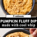 Bowl of pumpkin fluff dip topped with cinnamon, served with graham crackers and apples for dipping.