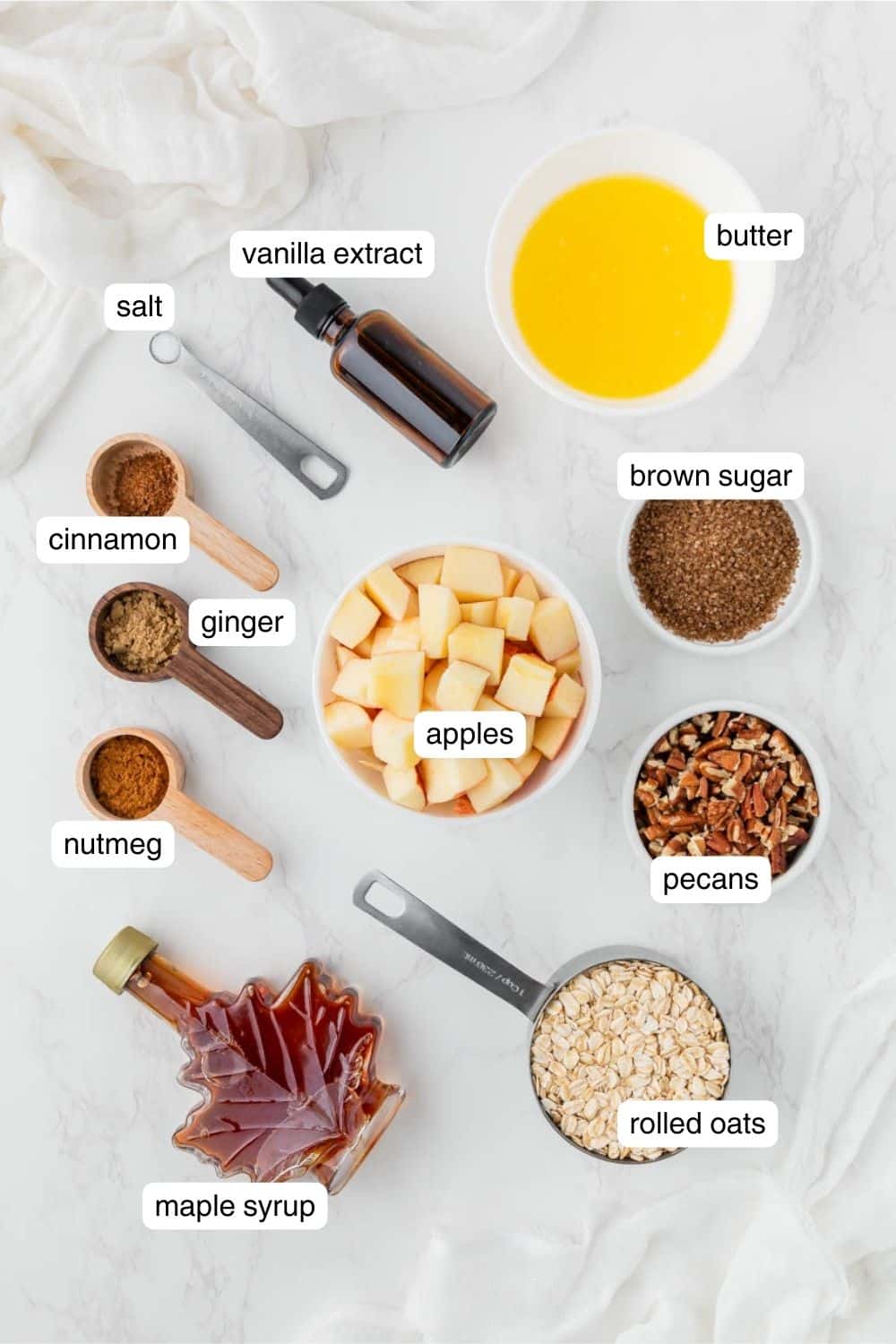 Labelled ingredients for air fryer apple crisp.