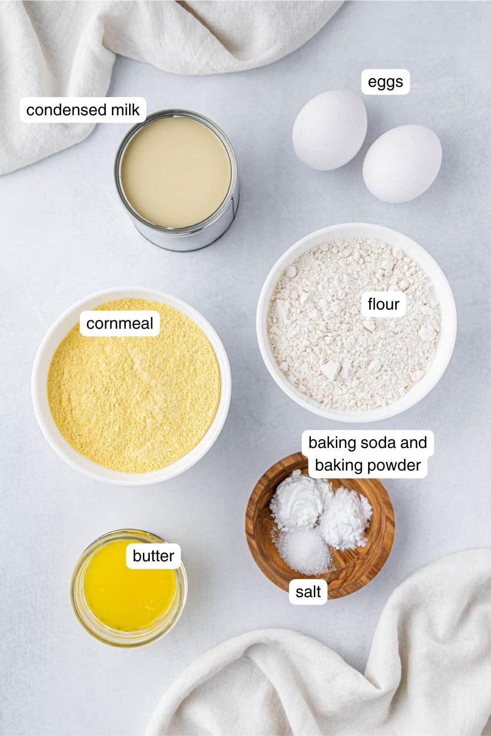 Labeled ingredients for air fryer cornbread.