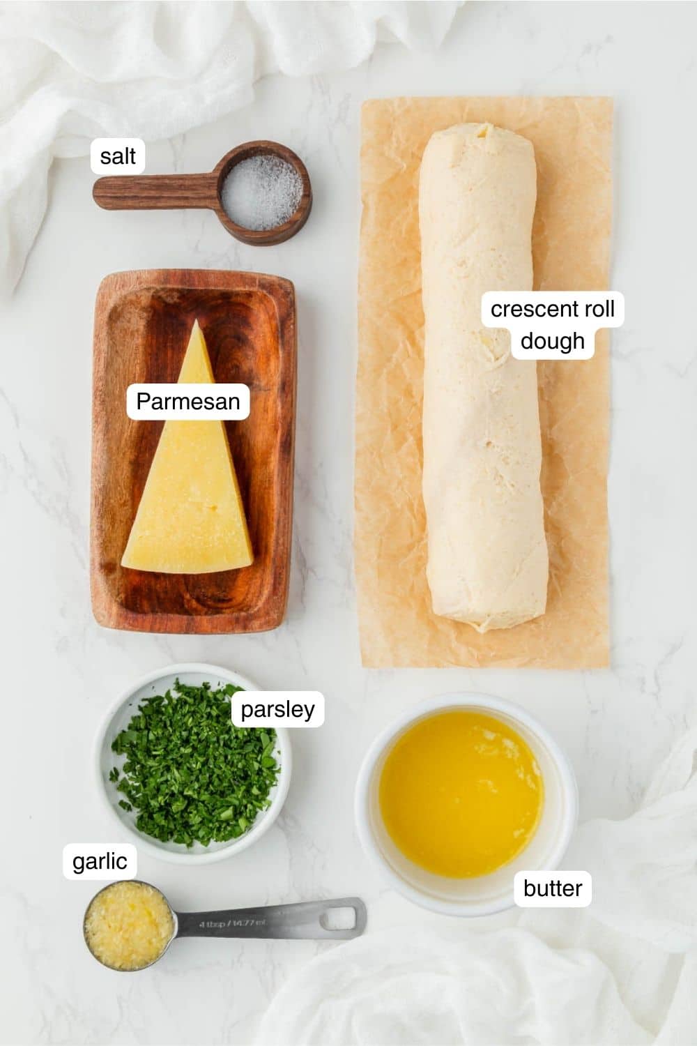 Labeled ingredients for air fryer garlic knots.