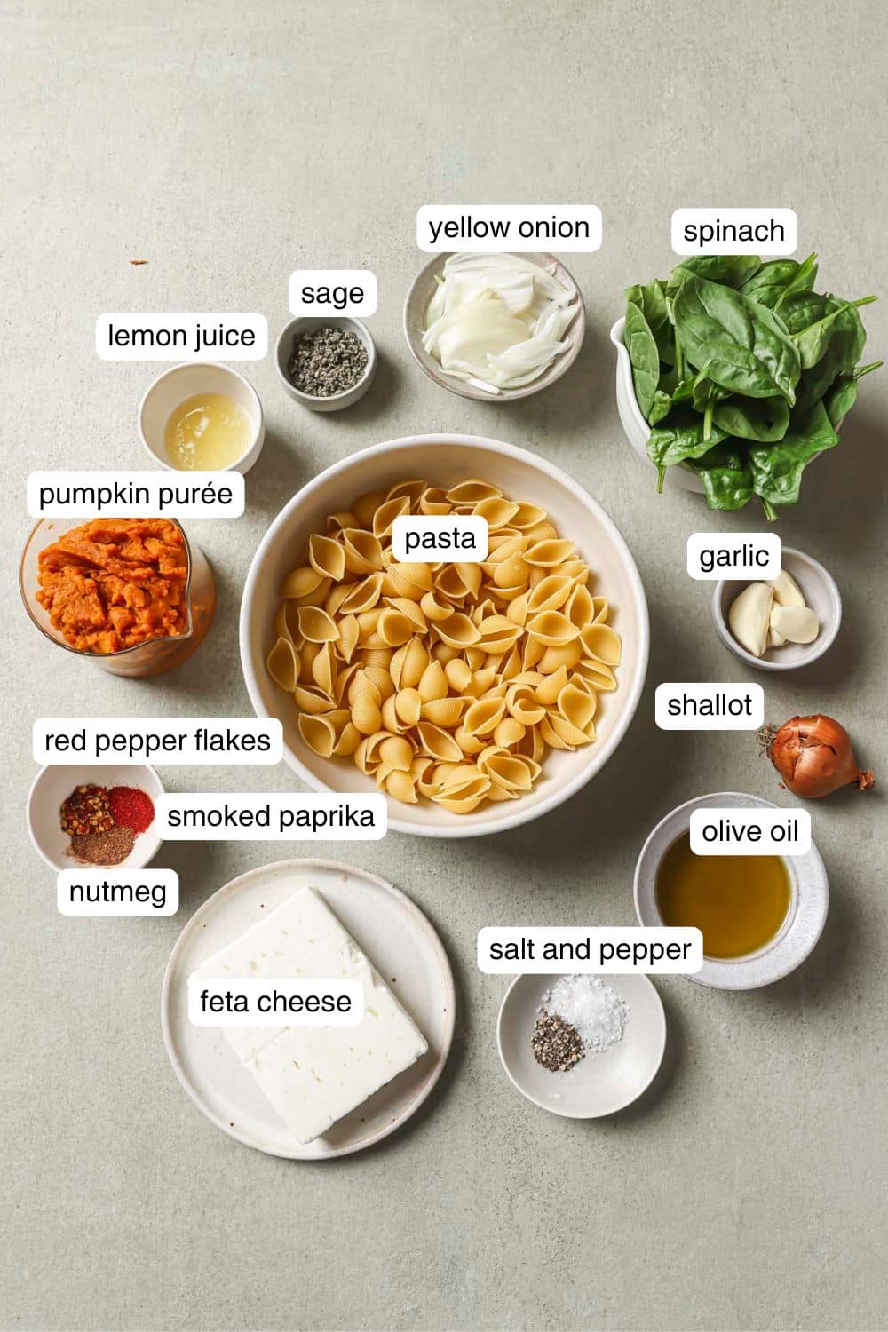 Small bowls with uncooked pasta, spinach, pumpkin puree, feta cheese, olive oil and lemon juice.