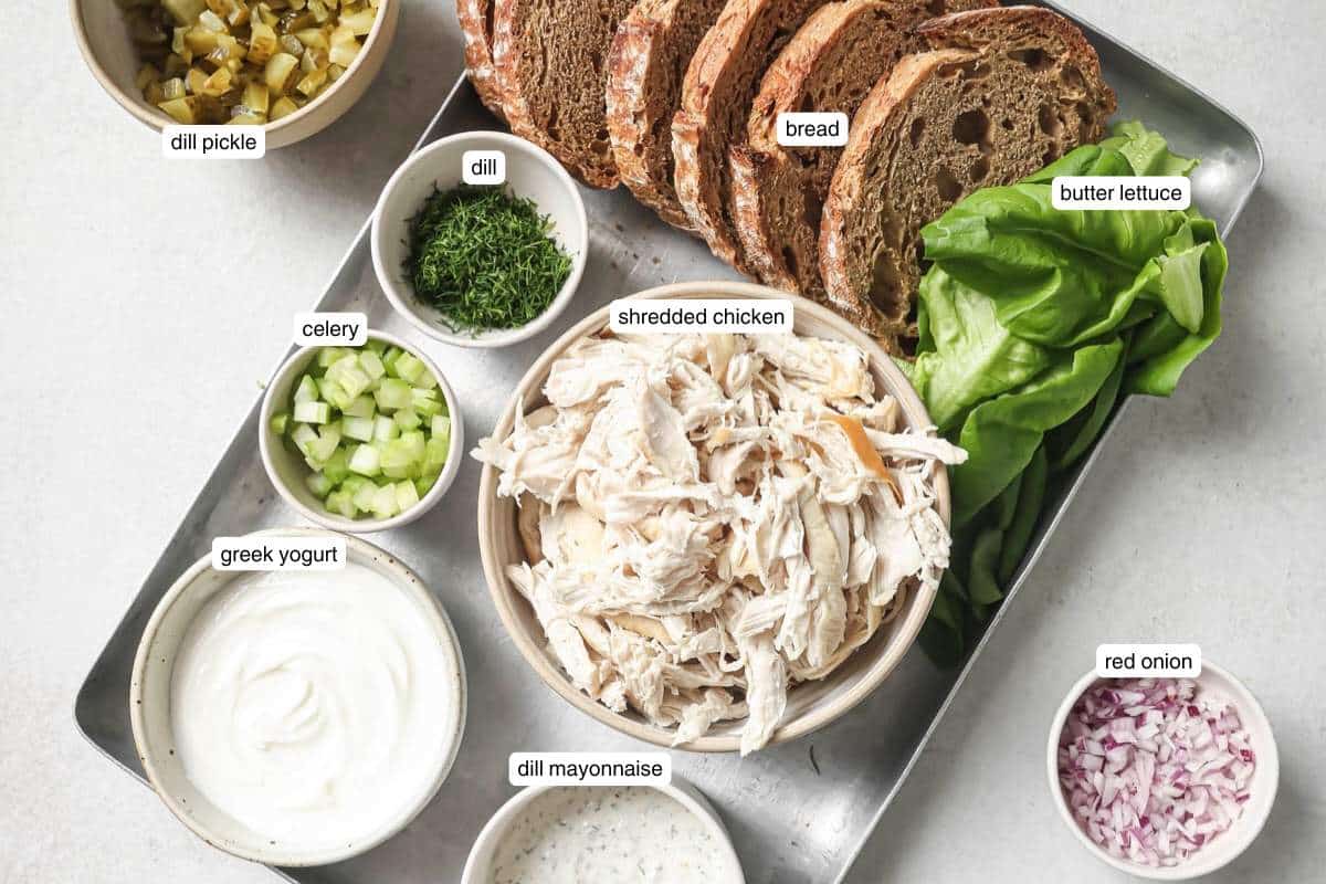 Small bowls with chopped dill pickle, fresh dill, mayo, greek yogurt, red onion and celery.