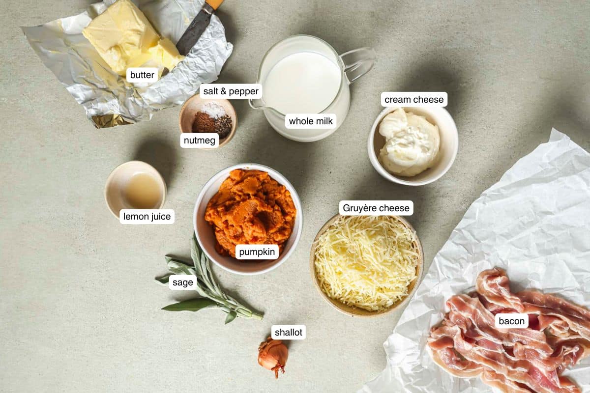 Small bowls with pumpkin, milk, cheese, cream cheese and spices.