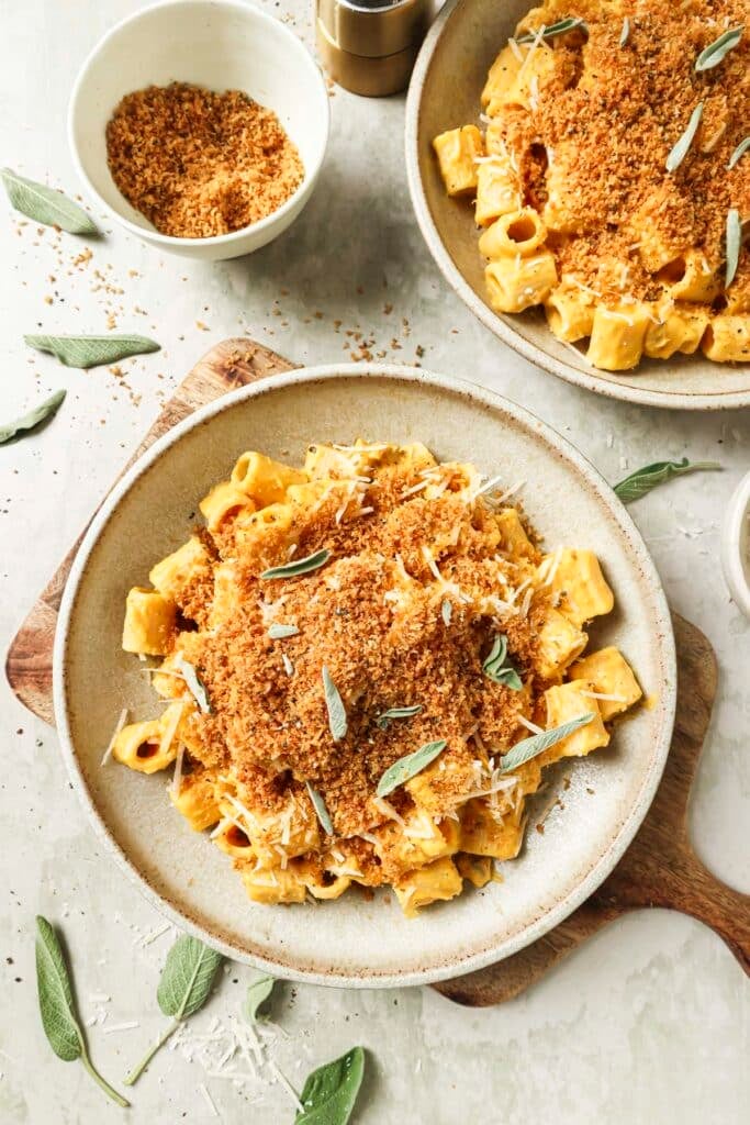 Butternut squash pasta topped with crispy panko.
